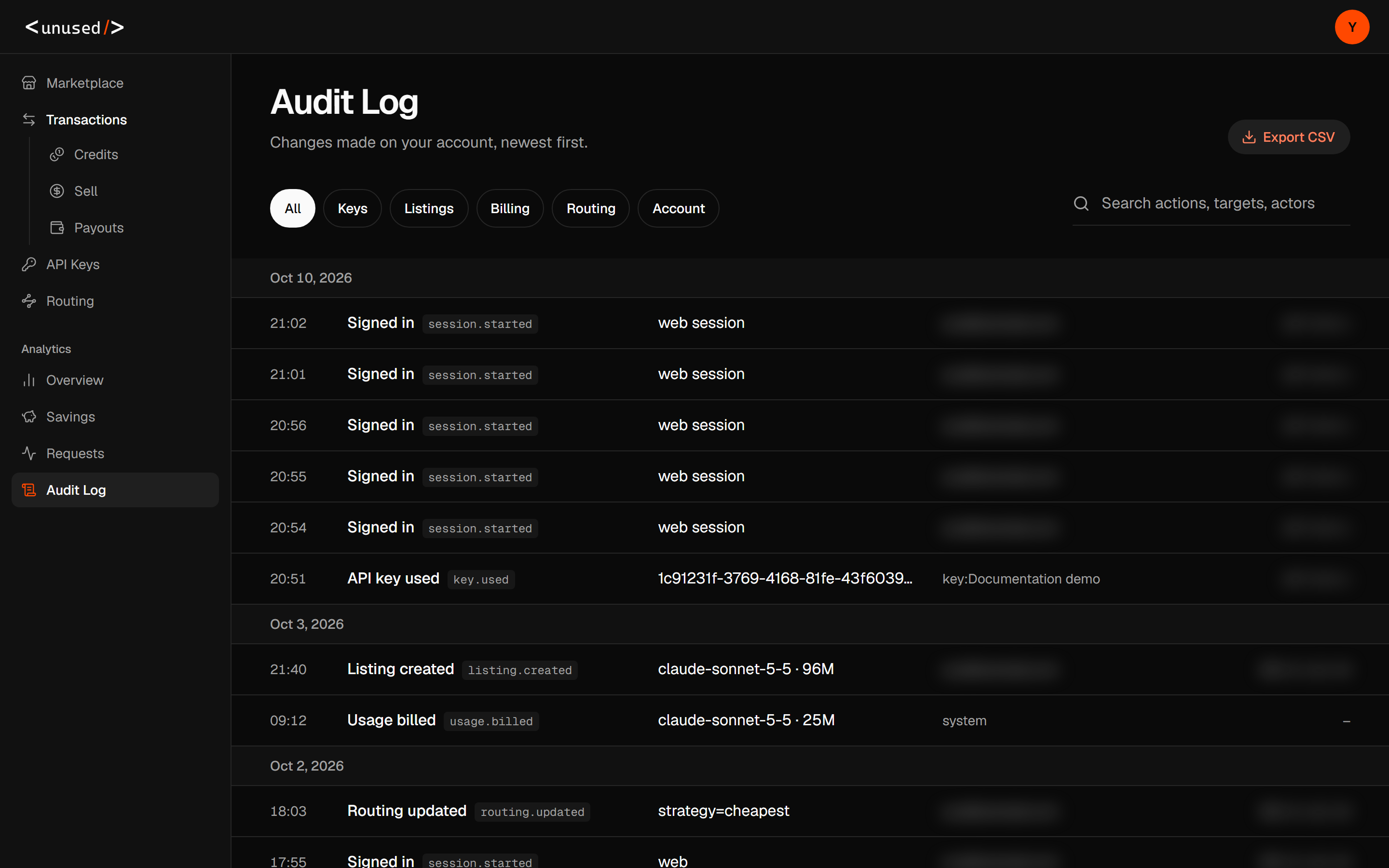 Audit Log with topic filters and timestamped account events