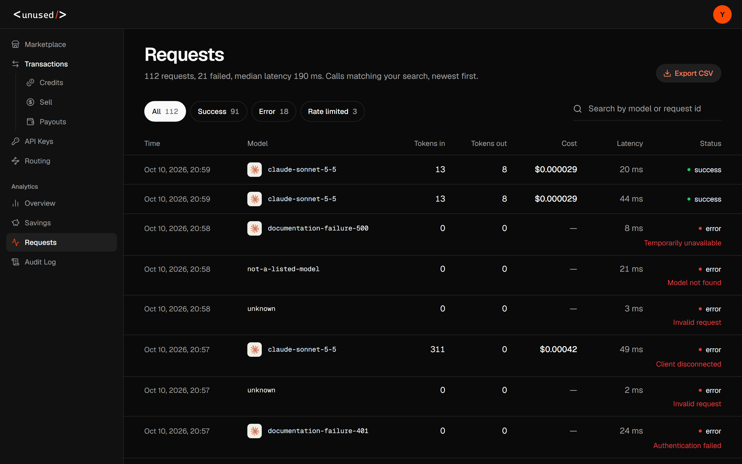 Requests table with status filters, search, failure reasons, tokens, costs, and CSV export