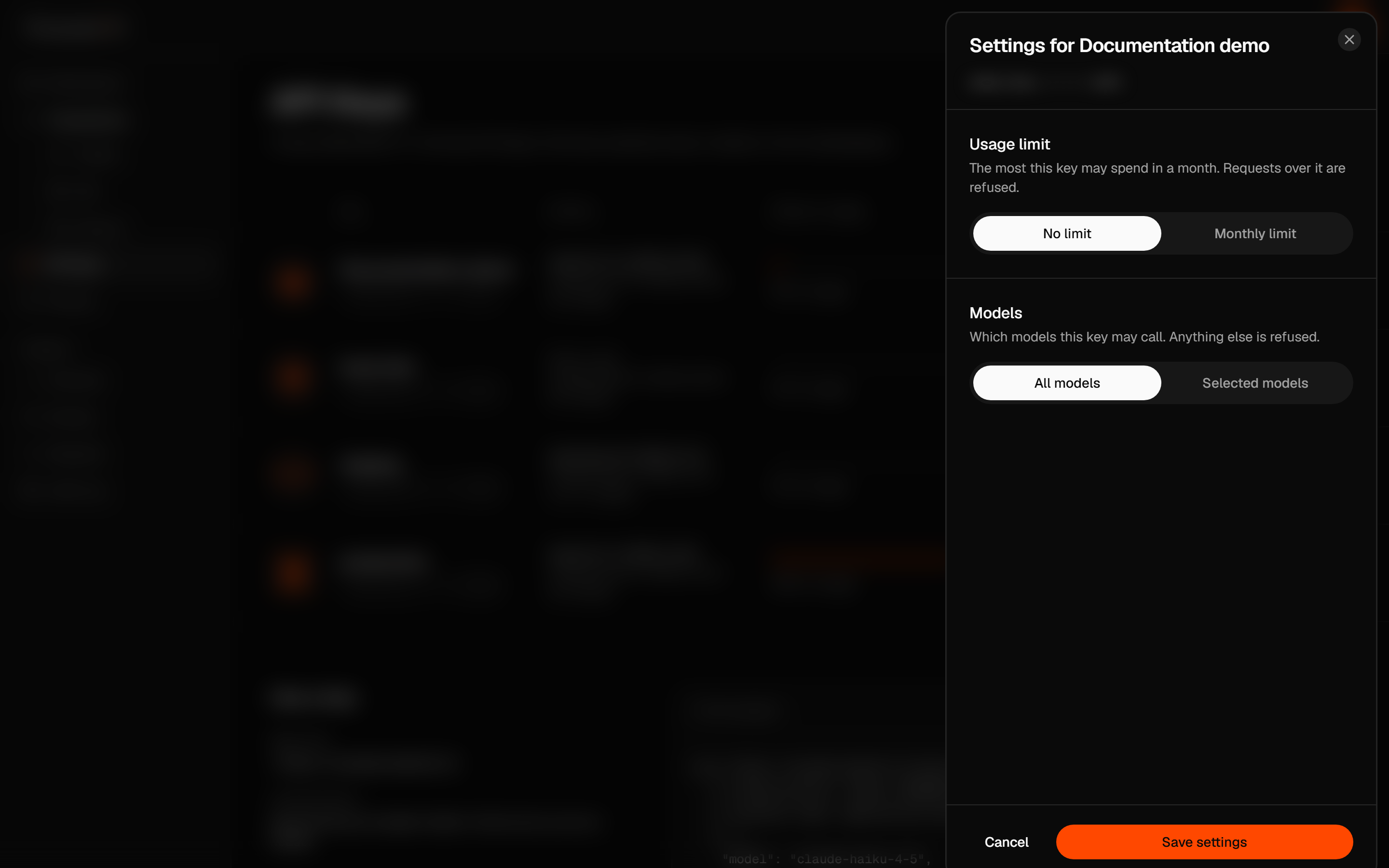Key settings with Monthly limit and Selected models controls