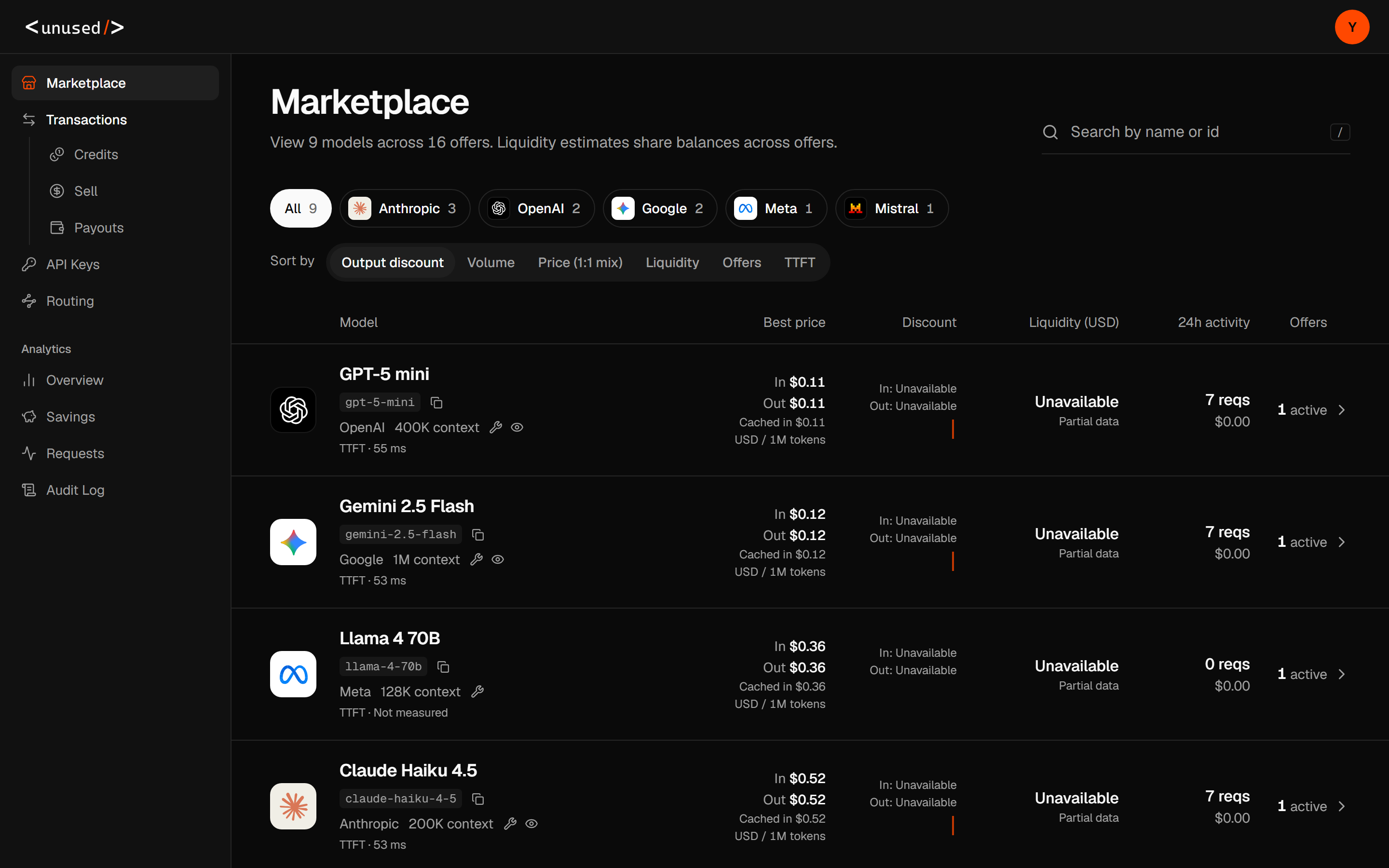 Marketplace model rows with copyable model IDs, input and output prices, TTFT, and liquidity
