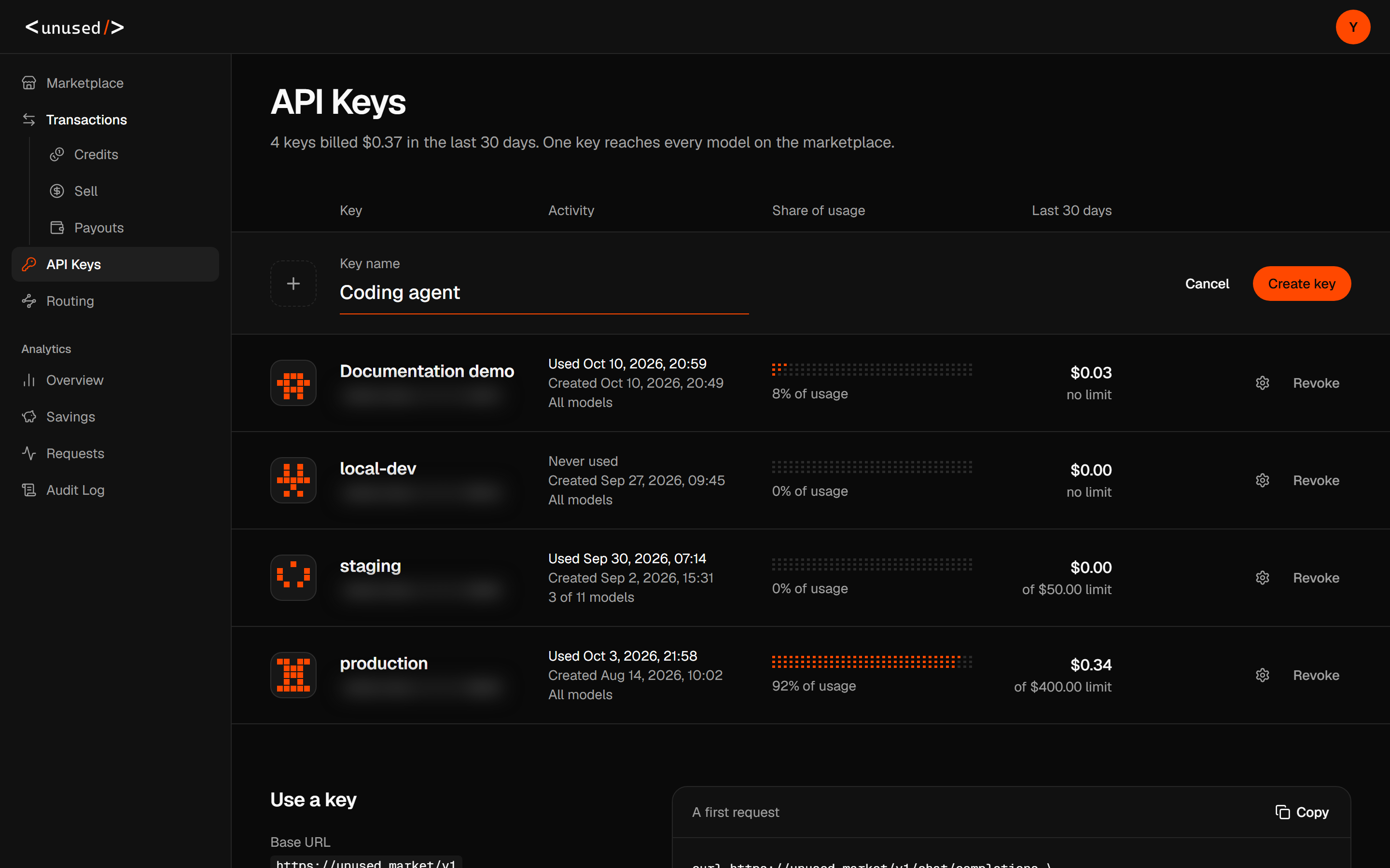 API Keys page showing where to create and name a key, with key values hidden