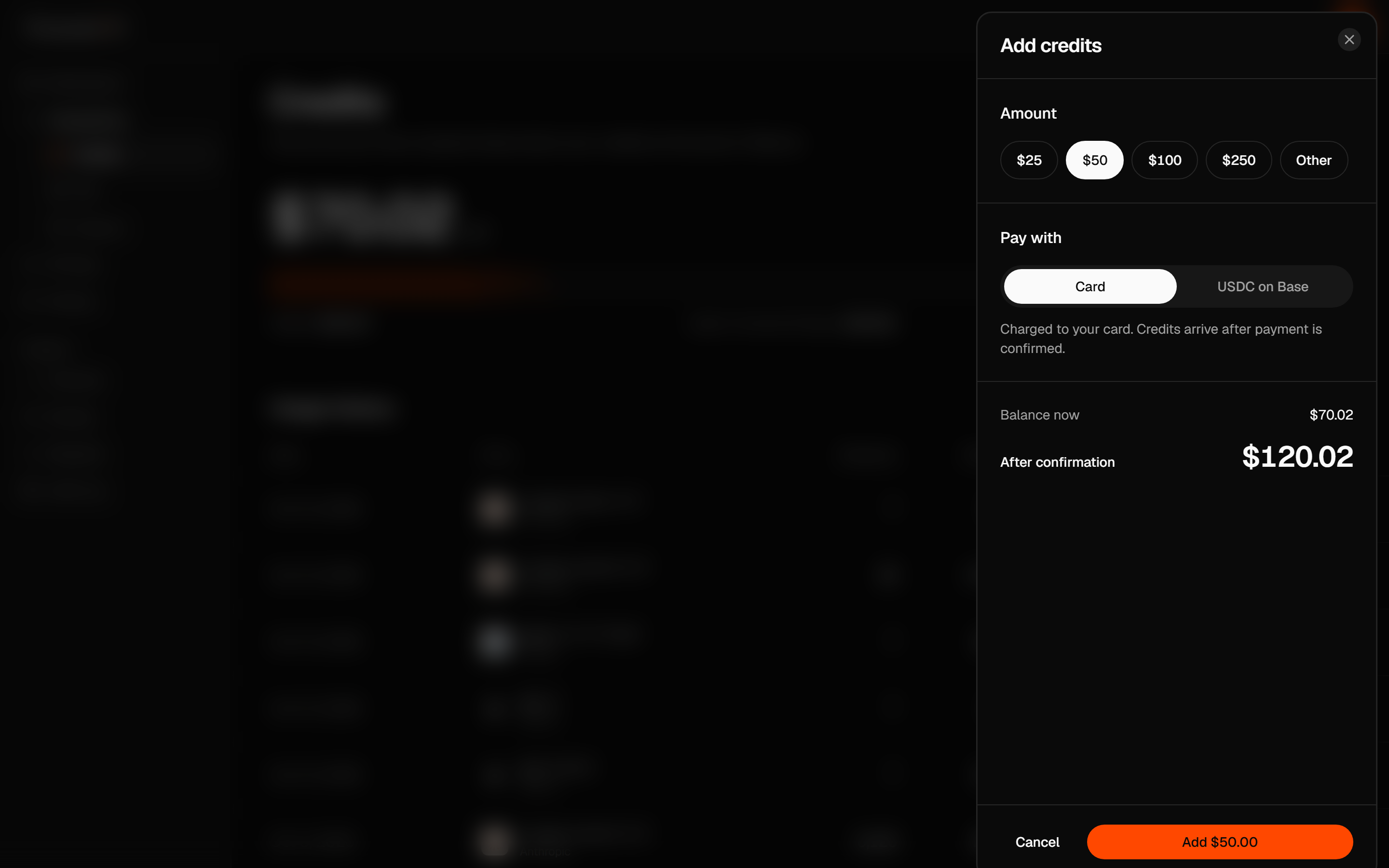 Credits panel with the Add credits action and payment methods