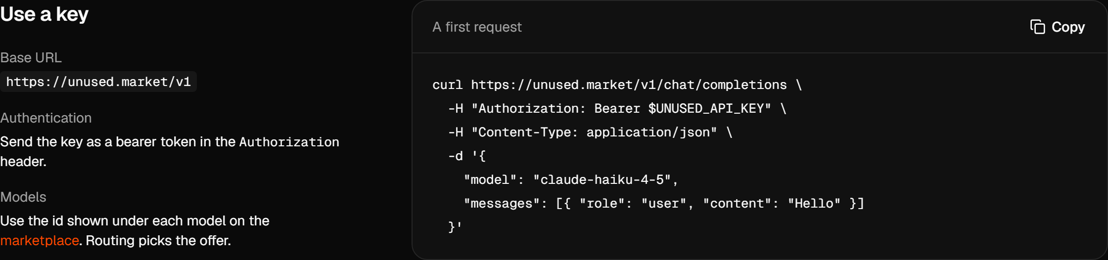Use a key panel showing the account's base URL, authentication header, and curl request