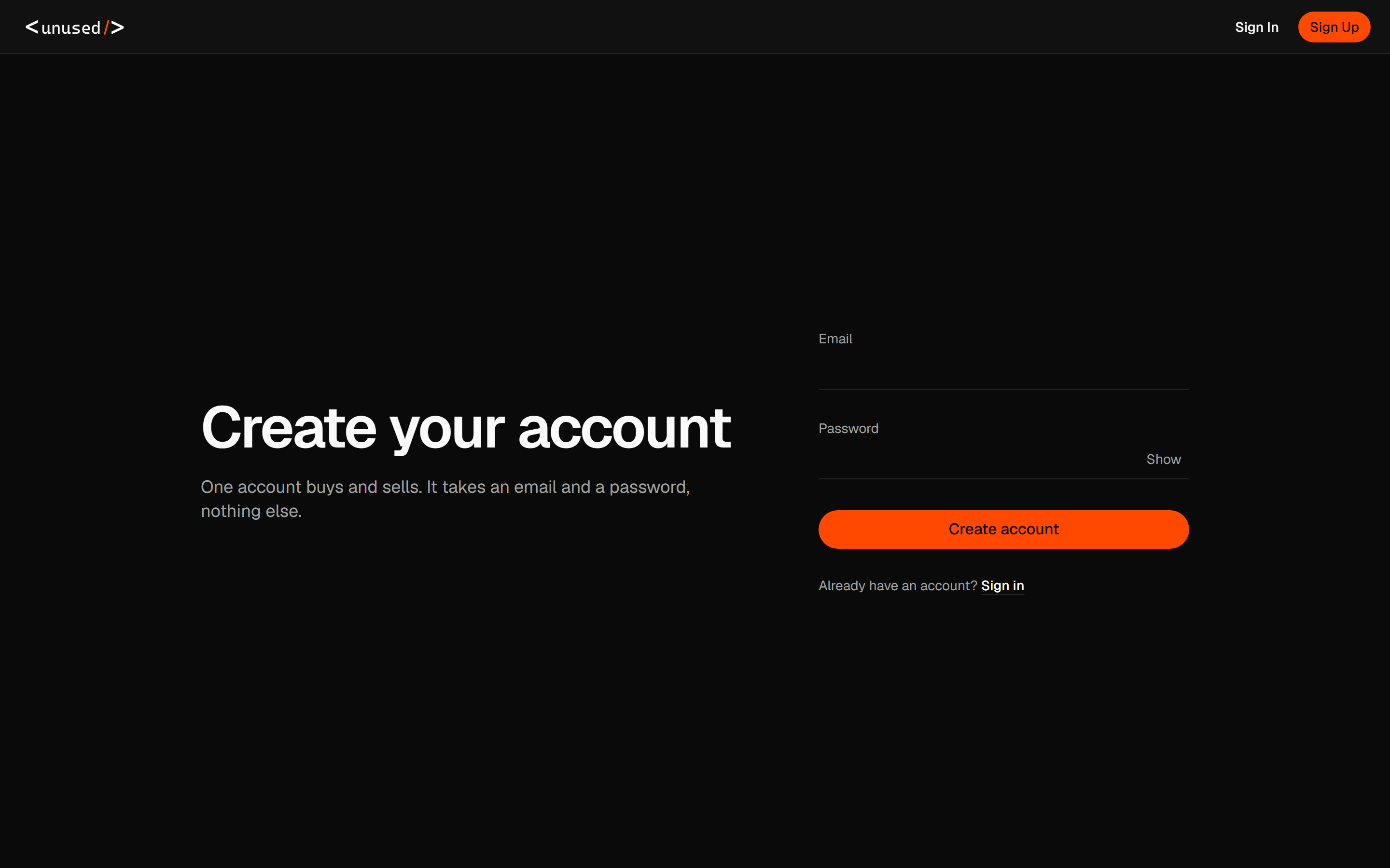 Account form with the fields needed to enter the dashboard