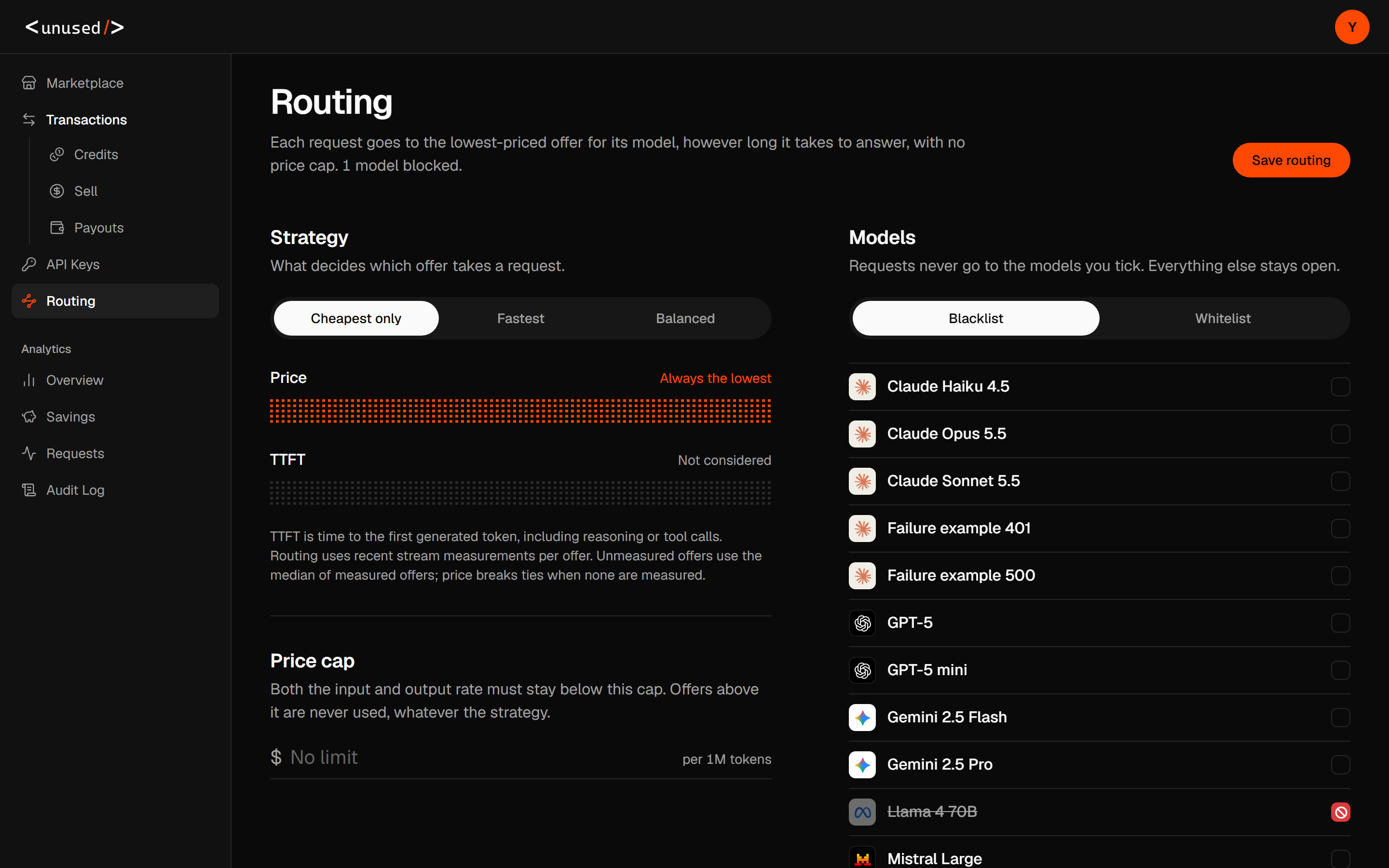 Routing strategy, price cap, and model list controls with Save routing