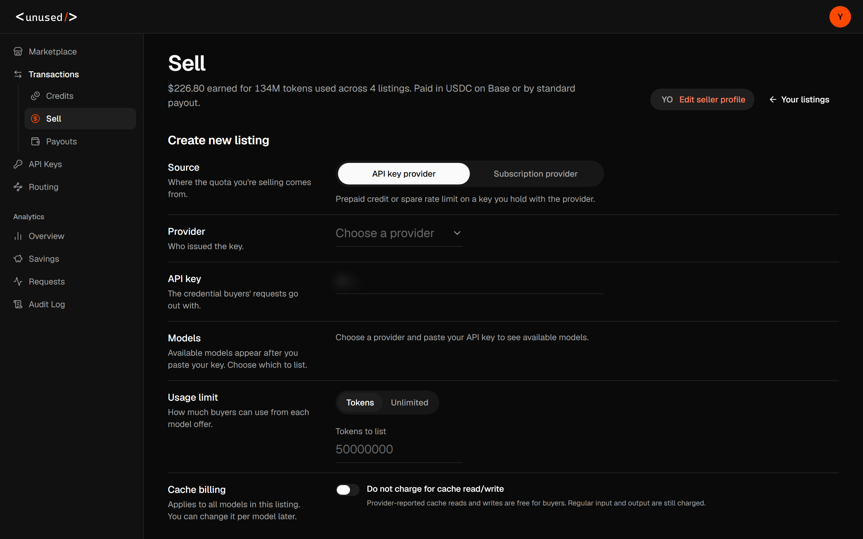 Create new listing form with source, provider, detected models, pricing, and usage limit