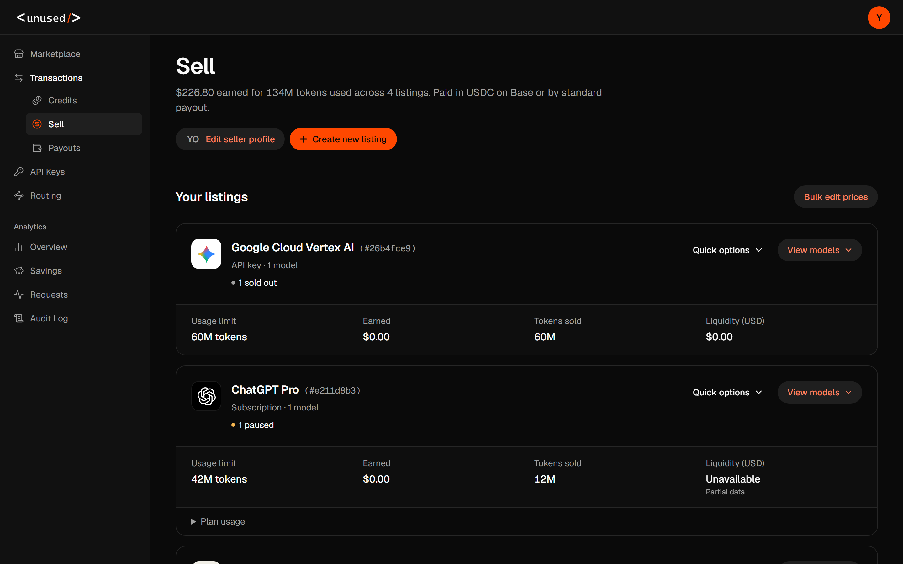 Seller source cards with offer statuses, usage limits, earnings, token sales, and liquidity