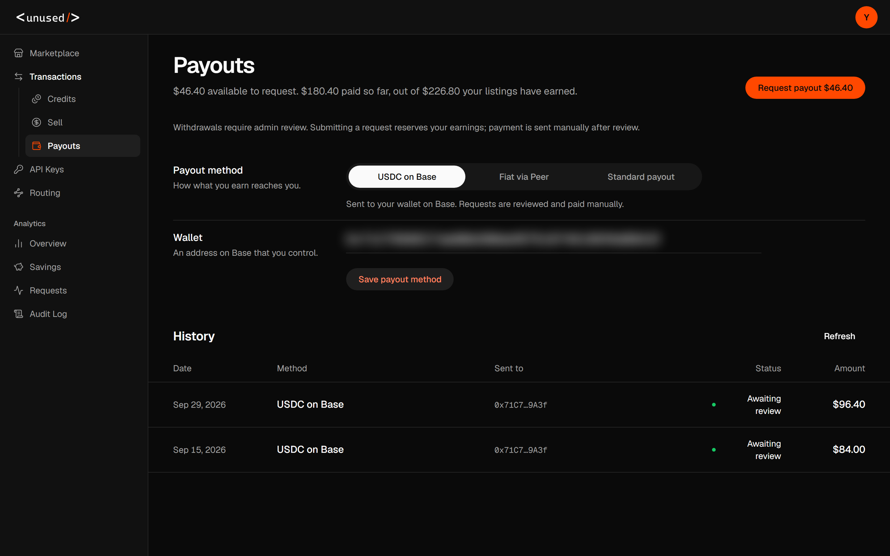 Payouts showing available earnings, method settings, and withdrawal history with review status